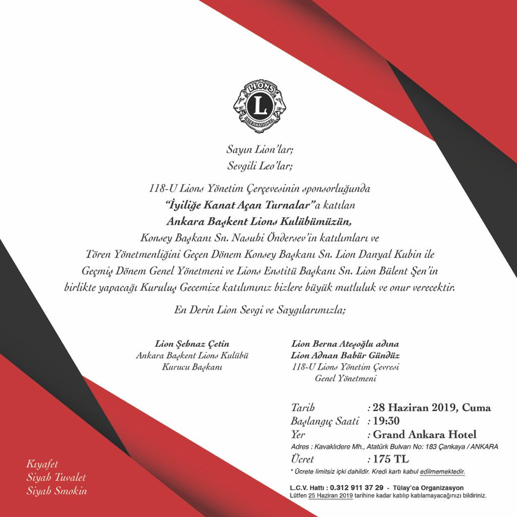ANKARA BAŞKENT LİONS KULÜBÜNÜN 28.06.2018 TARİHLİ KURULUŞ GECESİ DAVETİ 