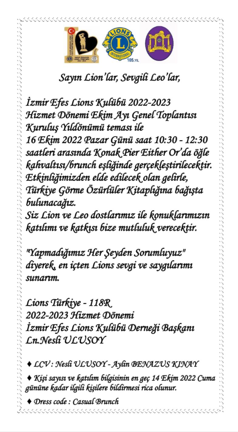 İZMİR EFES LIONS KULÜBÜ EKİM AYI GENEL TOPLANTI DAVETİ - KURULUŞ YILDÖNÜMÜ 