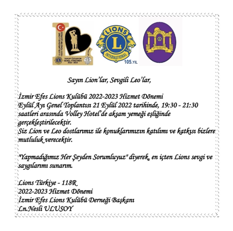 İZMİR EFES LIONS KULÜBÜ EYLÜL AYI GENEL TOPLANTI DAVETİ