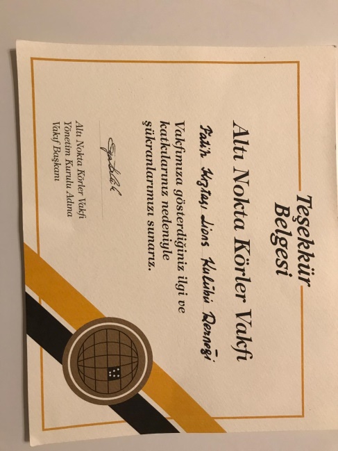 ALTINOKTA KÖRLER VAKFINDAN ALINAN TEŞEKKÜR BELGESİ